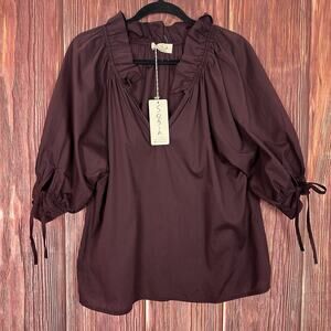 Sofia Blouse Ruffle Neck Tie Sleeve Burgundy NWT Womens One Size Made in Italy